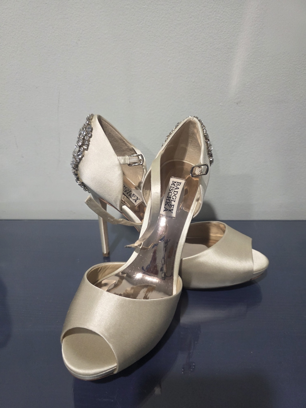 Badgley Mischka Champagne Satin Peep-Toe Heels with Crystal Back
